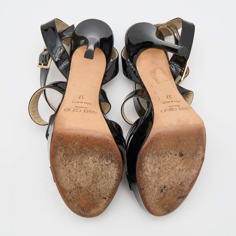 Pre Owned Jimmy Choo Black Patent Leather Vamp Platform Sandals Size 37