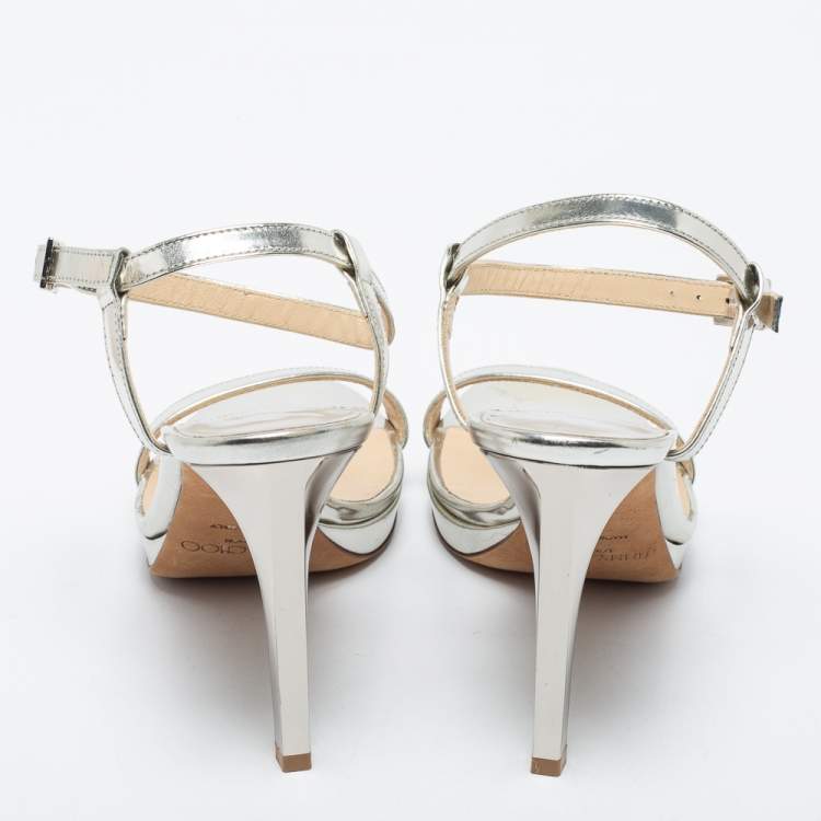 Pre Owned Jimmy Choo Silver Leather Ankle Strap Sandals Size 36