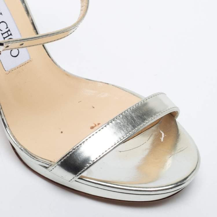 Pre Owned Jimmy Choo Silver Leather Ankle Strap Sandals Size 36