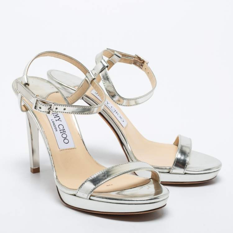 Pre Owned Jimmy Choo Silver Leather Ankle Strap Sandals Size 36