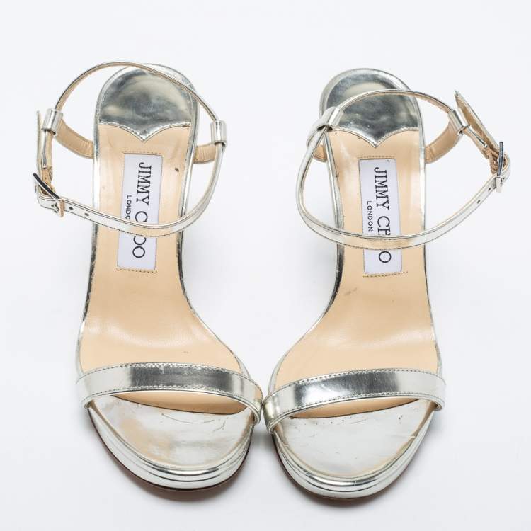 Pre Owned Jimmy Choo Silver Leather Ankle Strap Sandals Size 36