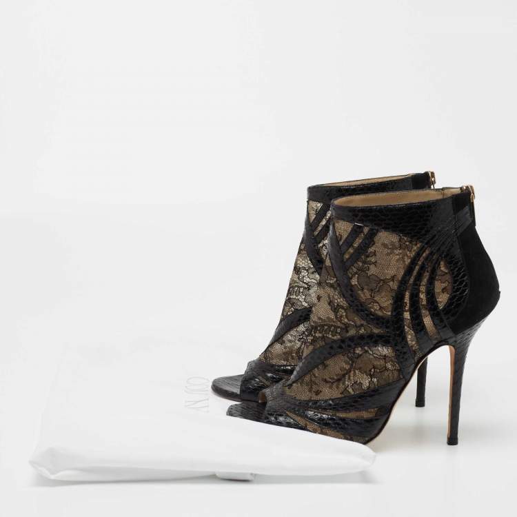 Pre Owned Jimmy Choo Black/Beige Snakeskin And Lace Ankle Boots Size 40