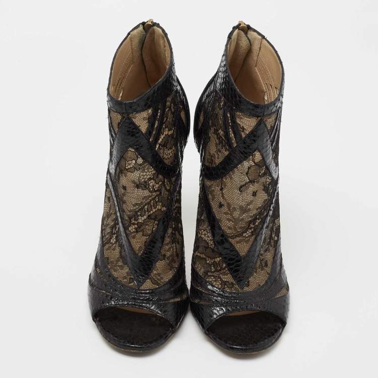Pre Owned Jimmy Choo Black/Beige Snakeskin And Lace Ankle Boots Size 40
