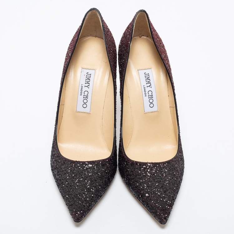 Pre Owned Jimmy Choo Burgundy/Black Coarse Glitter Romy Pointed Toe Pumps Size 38.5