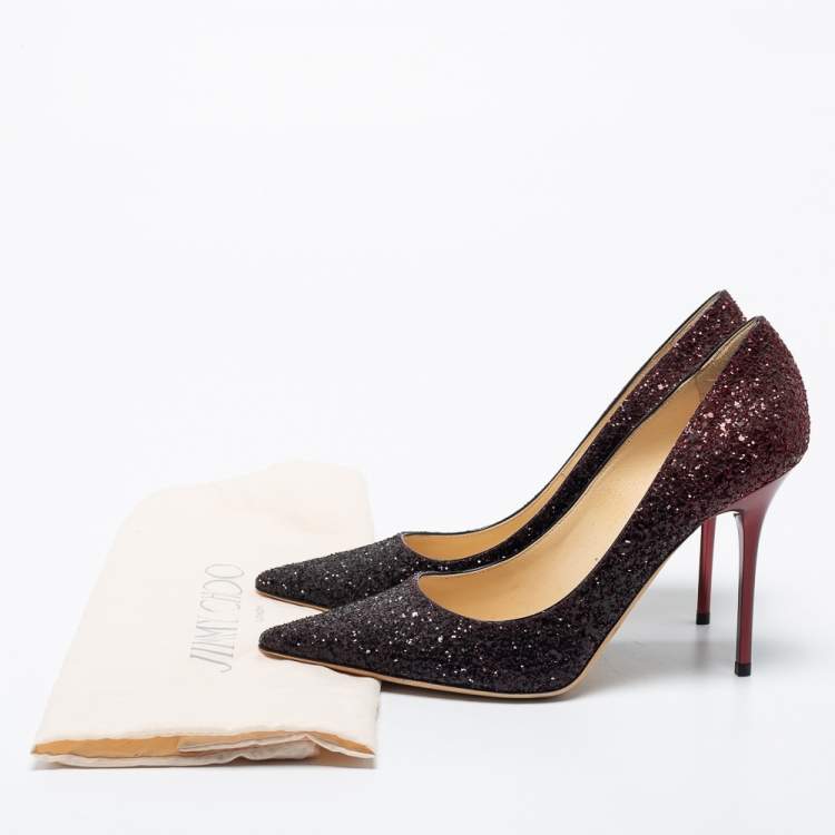 Pre Owned Jimmy Choo Burgundy/Black Coarse Glitter Romy Pointed Toe Pumps Size 38.5