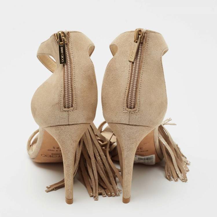 مملوكة مسبقًا Jimmy Choo Metallic Beige Suede Voila Tassel Ankle Cuff Sandals Size 36.5