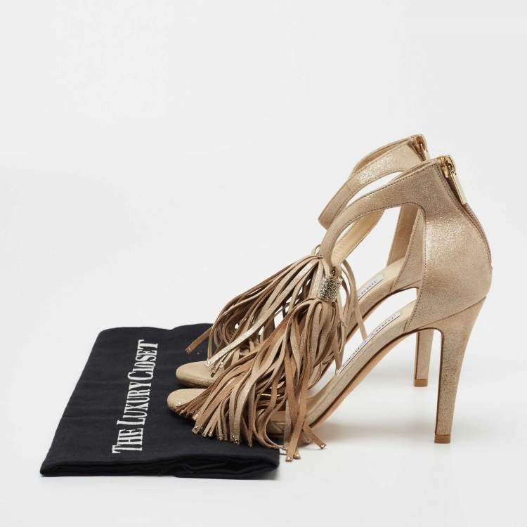مملوكة مسبقًا Jimmy Choo Metallic Beige Suede Voila Tassel Ankle Cuff Sandals Size 36.5