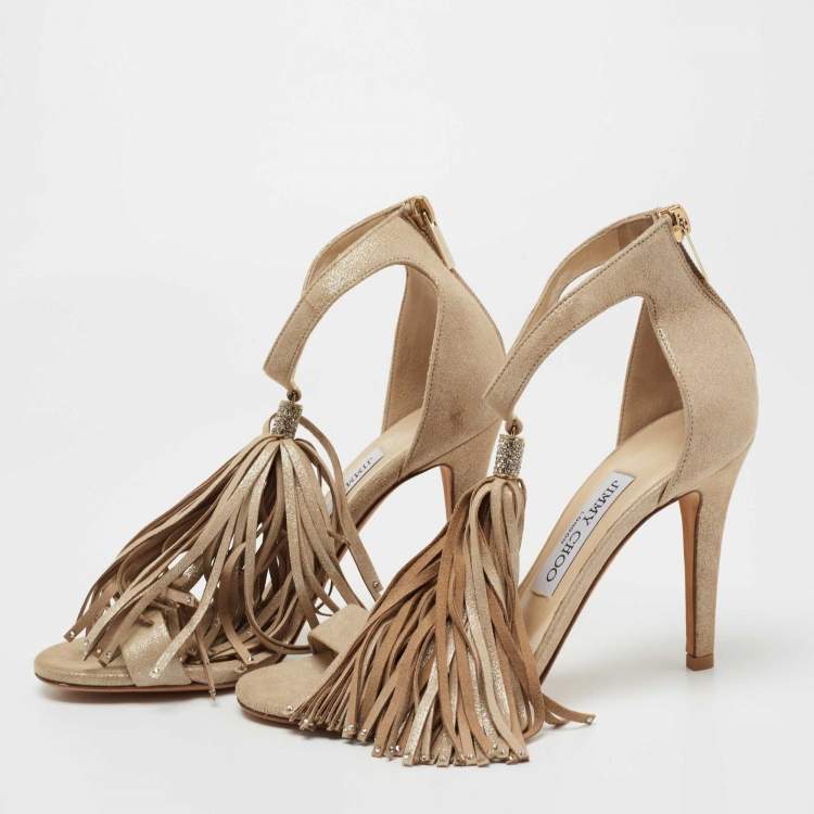 مملوكة مسبقًا Jimmy Choo Metallic Beige Suede Voila Tassel Ankle Cuff Sandals Size 36.5