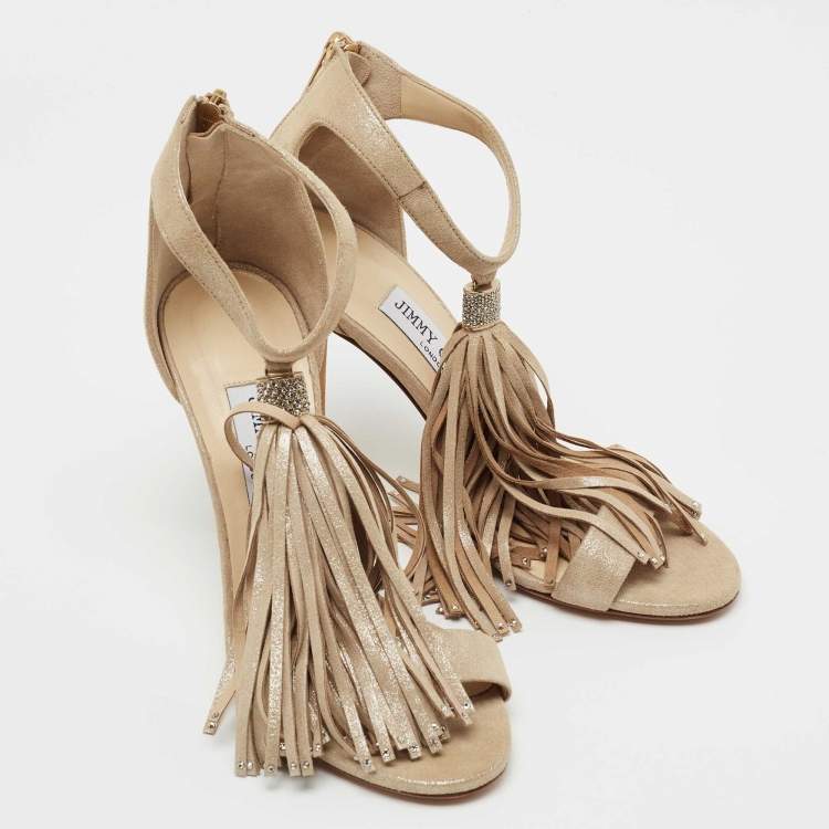 مملوكة مسبقًا Jimmy Choo Metallic Beige Suede Voila Tassel Ankle Cuff Sandals Size 36.5