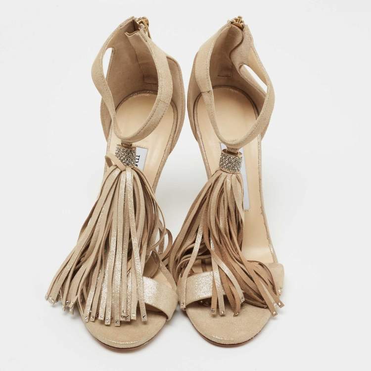 مملوكة مسبقًا Jimmy Choo Metallic Beige Suede Voila Tassel Ankle Cuff Sandals Size 36.5