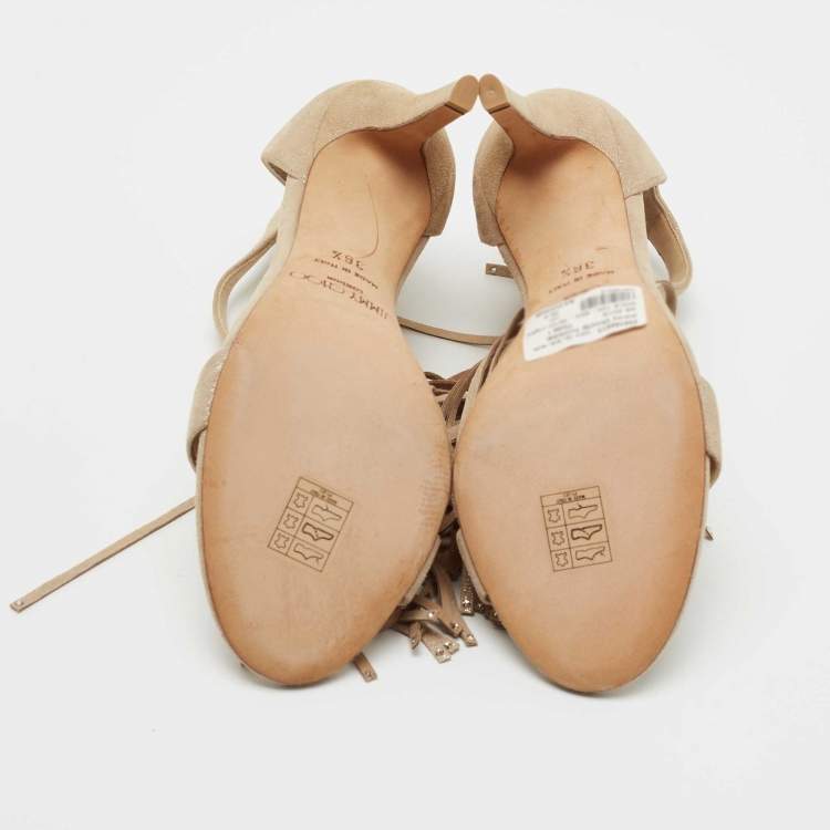 مملوكة مسبقًا Jimmy Choo Metallic Beige Suede Voila Tassel Ankle Cuff Sandals Size 36.5