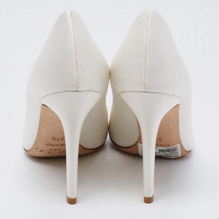 Pre Owned Jimmy Choo White Satin Manda Crystal Embellished Pointed Toe Pumps Size 37.5
