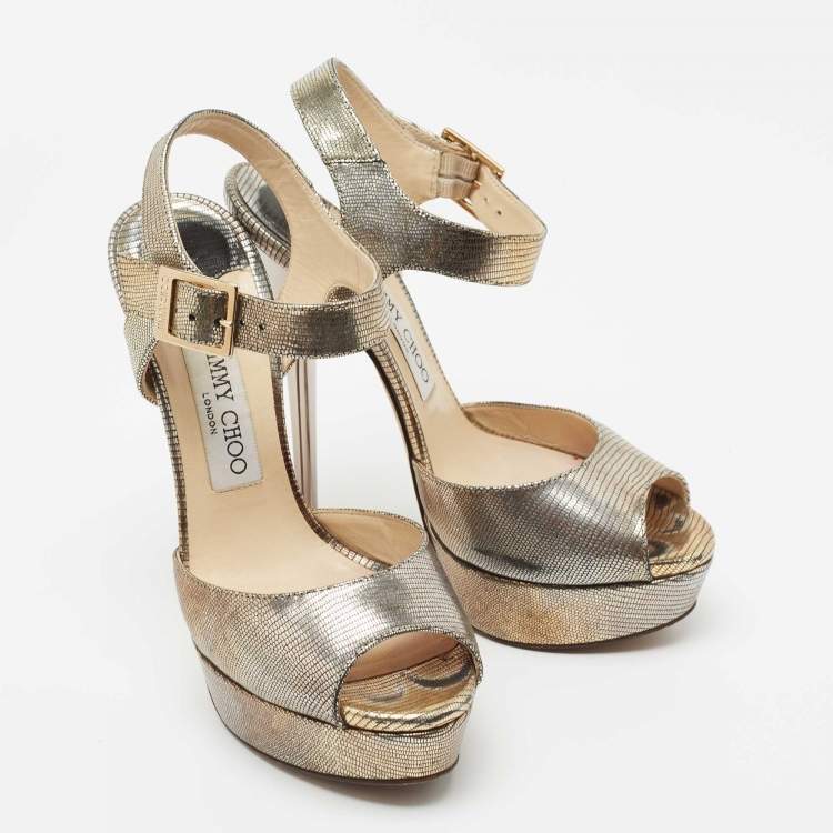 Pre Owned Jimmy Choo Metallic Gold Leather Ankle Strap Sandals Size 37