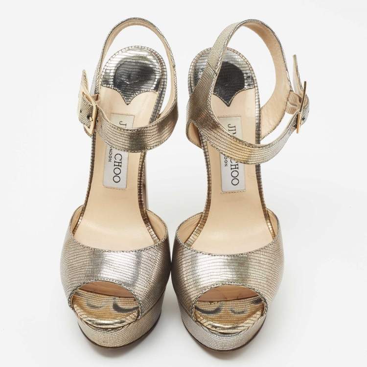Pre Owned Jimmy Choo Metallic Gold Leather Ankle Strap Sandals Size 37