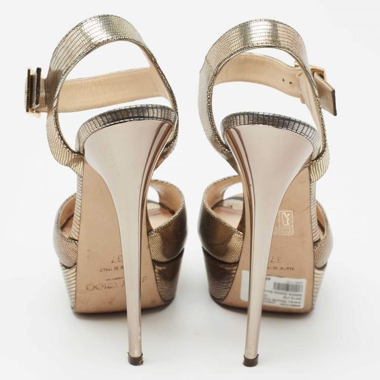 Pre Owned Jimmy Choo Metallic Gold Leather Ankle Strap Sandals Size 37