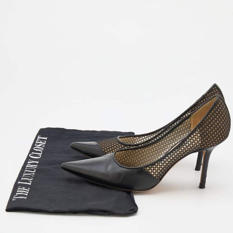 Pre Owned Jimmy Choo Black Leather and Mesh Love Pointed Toe Pumps Size 35.5