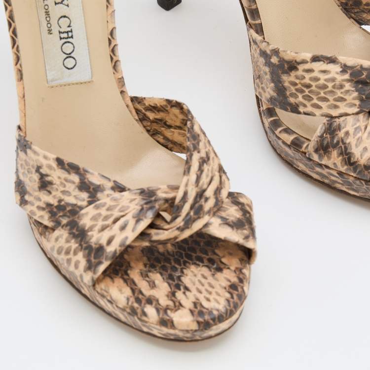 Pre Owned Jimmy Choo Beige/Black Snakeskin Leather Ankle Strap Sandals Size 36