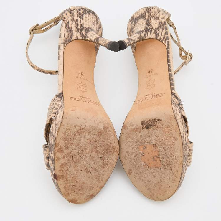 Pre Owned Jimmy Choo Beige/Black Snakeskin Leather Ankle Strap Sandals Size 36