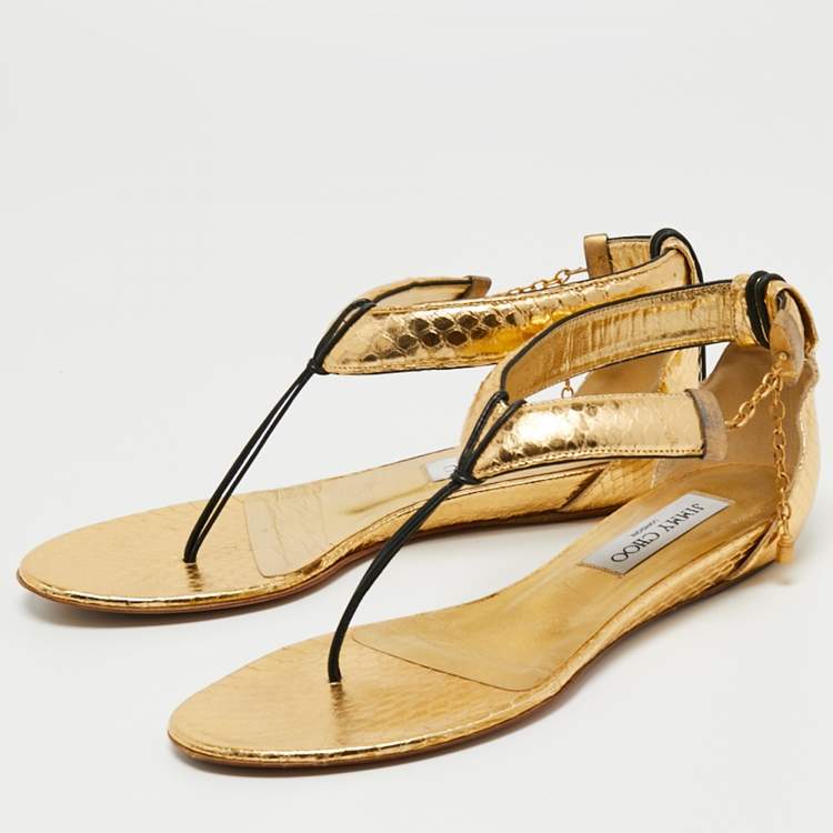 Pre Owned Jimmy Choo Gold Python Embossed Leather Ankle Strap Flat Sandals Size 37