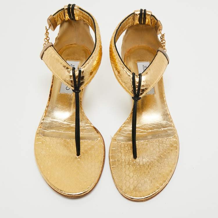 Pre Owned Jimmy Choo Gold Python Embossed Leather Ankle Strap Flat Sandals Size 37