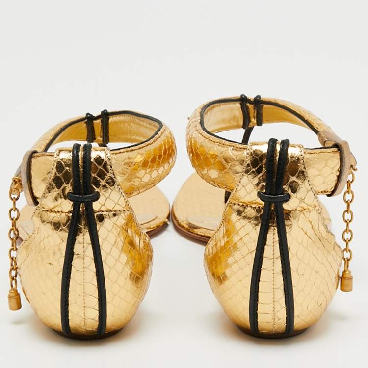 Pre Owned Jimmy Choo Gold Python Embossed Leather Ankle Strap Flat Sandals Size 37