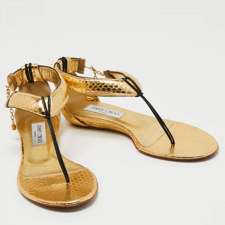 Pre Owned Jimmy Choo Gold Python Embossed Leather Ankle Strap Flat Sandals Size 37