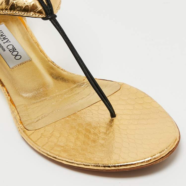 Pre Owned Jimmy Choo Gold Python Embossed Leather Ankle Strap Flat Sandals Size 37