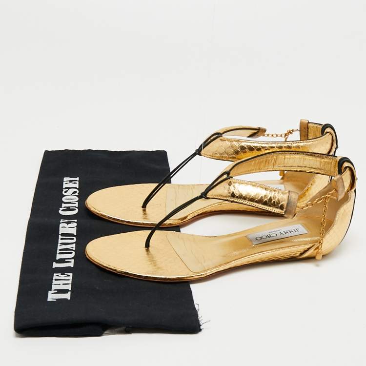 Pre Owned Jimmy Choo Gold Python Embossed Leather Ankle Strap Flat Sandals Size 37