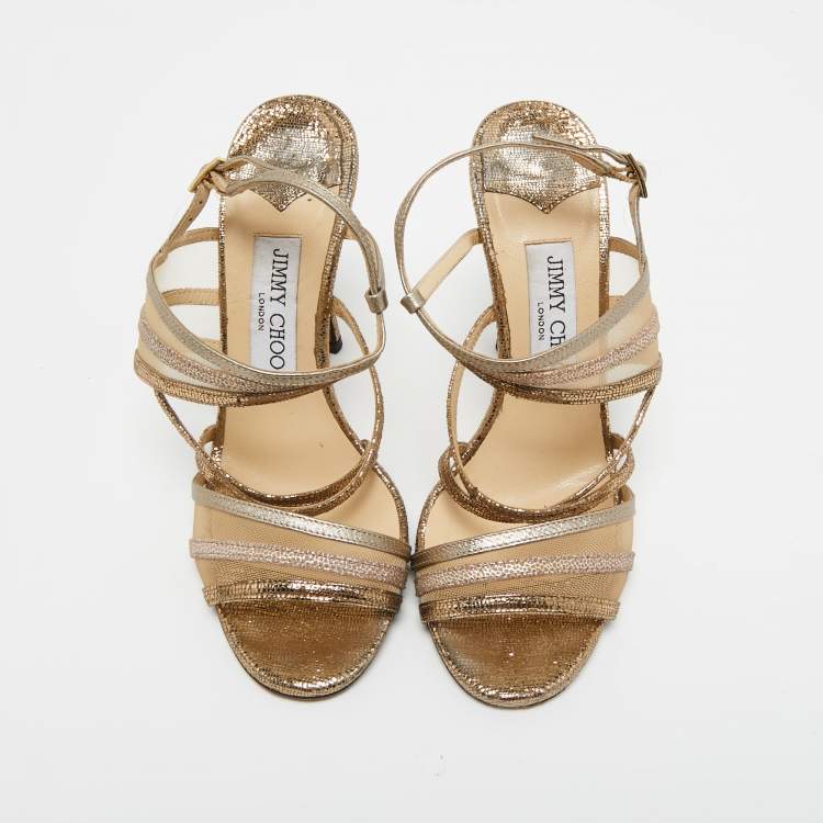 Pre Owned Jimmy Choo Metallic Gold Mesh and Leather Ankle Strap Sandals Size 36