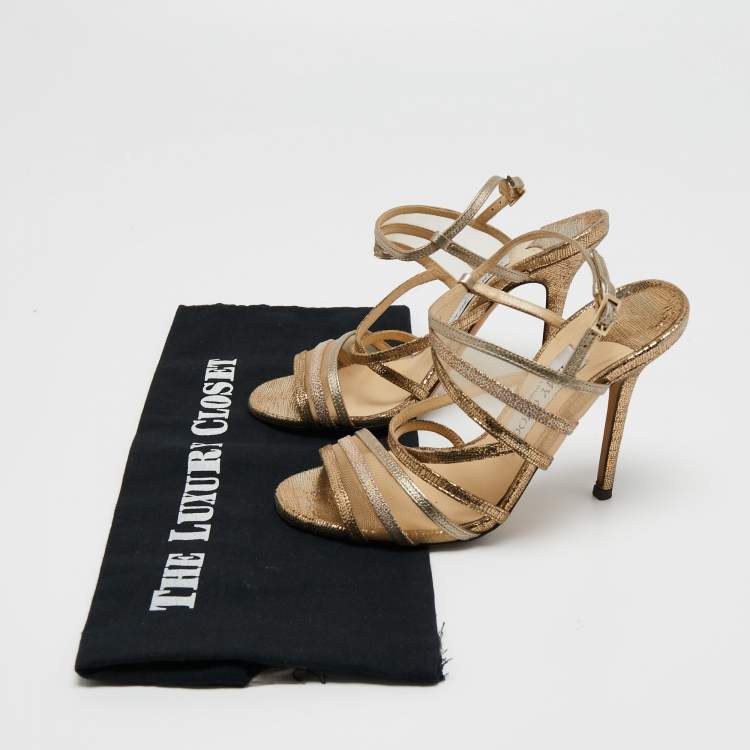 Pre Owned Jimmy Choo Metallic Gold Mesh and Leather Ankle Strap Sandals Size 36