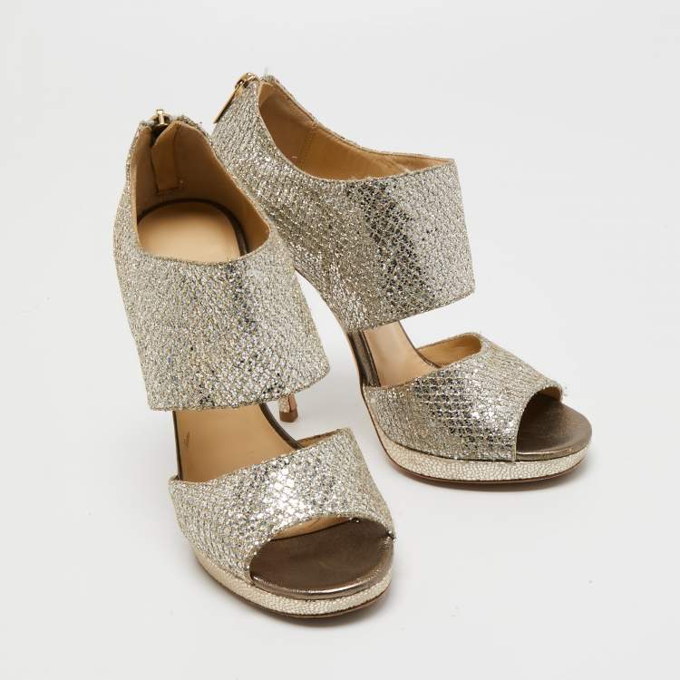 Pre Owned Jimmy Choo Metallic Silver Glitter Private Platform Sandals Size 37