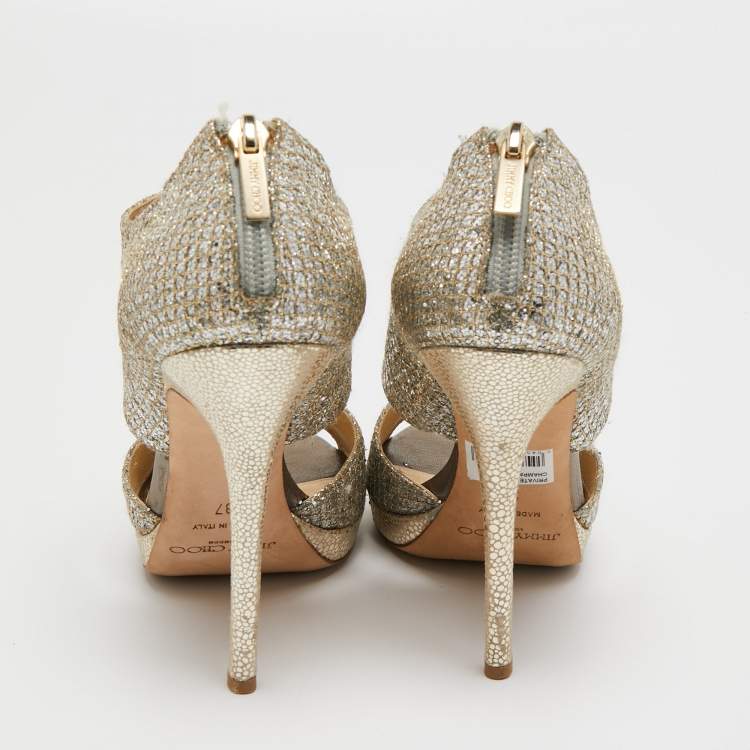 Pre Owned Jimmy Choo Metallic Silver Glitter Private Platform Sandals Size 37