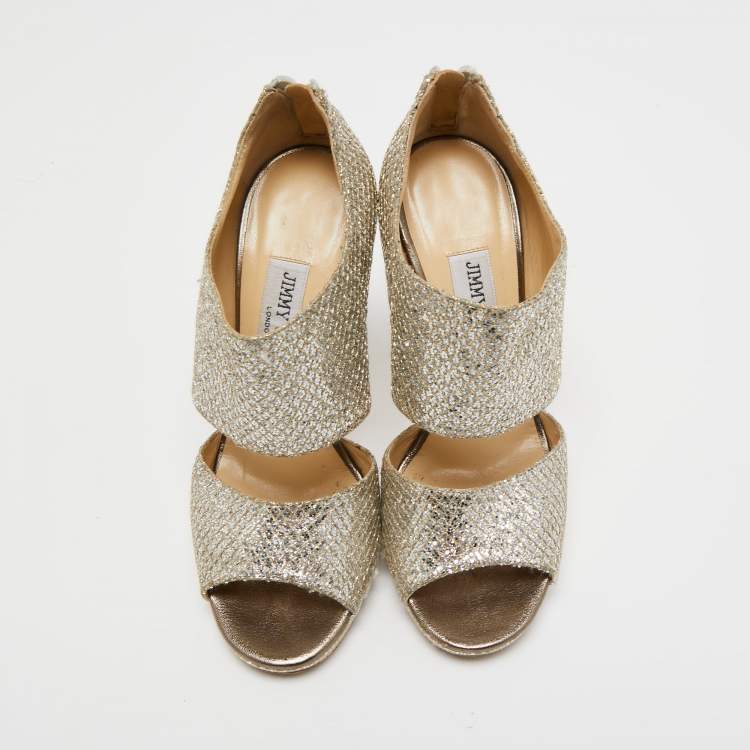 Pre Owned Jimmy Choo Metallic Silver Glitter Private Platform Sandals Size 37