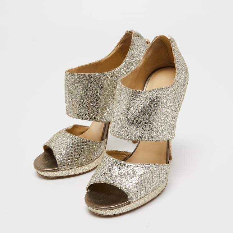 Pre Owned Jimmy Choo Metallic Silver Glitter Private Platform Sandals Size 37