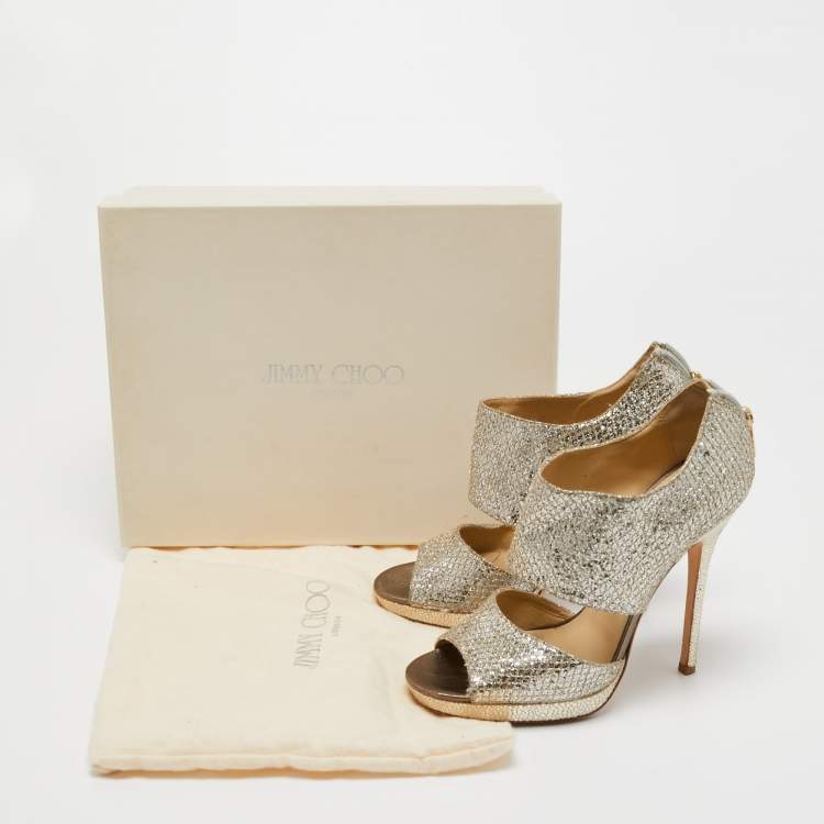 Pre Owned Jimmy Choo Metallic Silver Glitter Private Platform Sandals Size 37