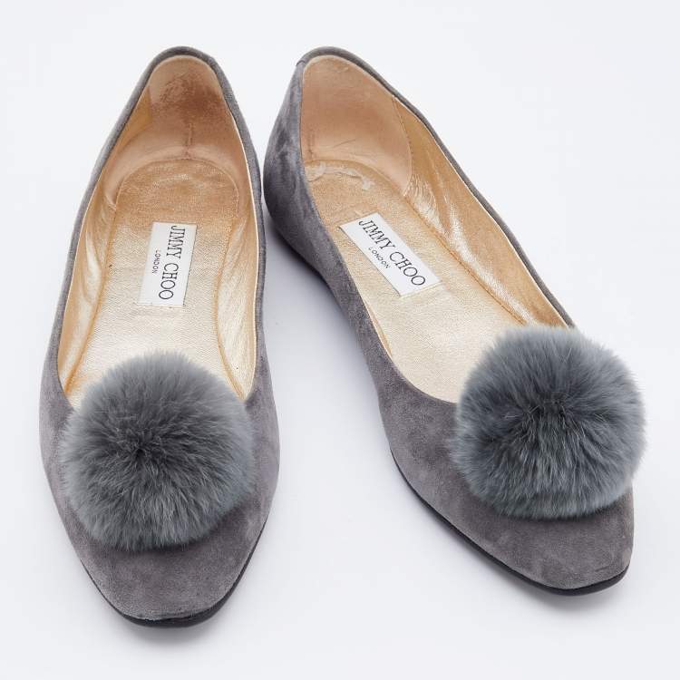 Pre Owned Jimmy Choo Grey Suede and Pom-Pom Fur Ballet Flats Size 38