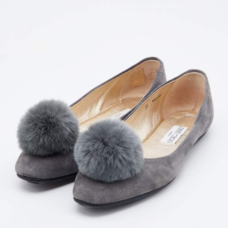 Pre Owned Jimmy Choo Grey Suede and Pom-Pom Fur Ballet Flats Size 38