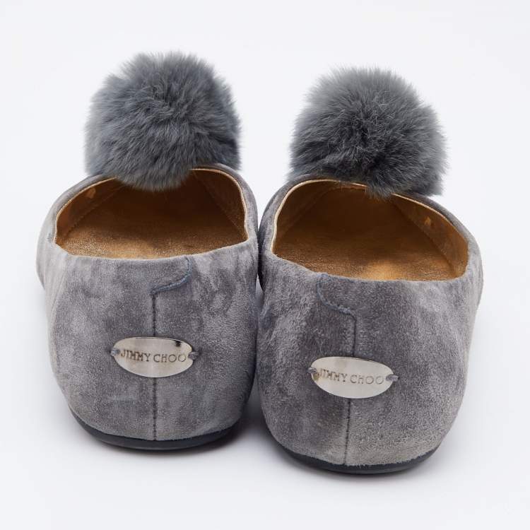 Pre Owned Jimmy Choo Grey Suede and Pom-Pom Fur Ballet Flats Size 38