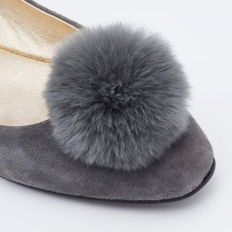 Pre Owned Jimmy Choo Grey Suede and Pom-Pom Fur Ballet Flats Size 38