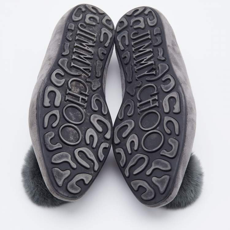 Pre Owned Jimmy Choo Grey Suede and Pom-Pom Fur Ballet Flats Size 38