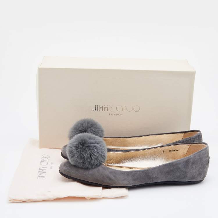 Pre Owned Jimmy Choo Grey Suede and Pom-Pom Fur Ballet Flats Size 38