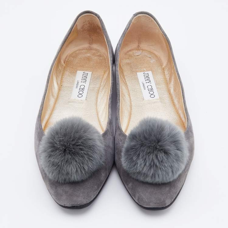 Pre Owned Jimmy Choo Grey Suede and Pom-Pom Fur Ballet Flats Size 38