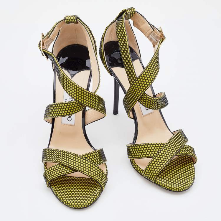 Pre Owned Jimmy Choo Acid Yellow/Black Suede Honey Comb Strappy Sandals Size 39.5