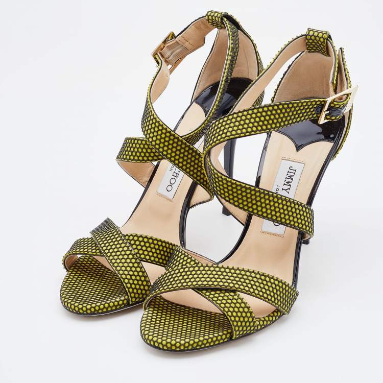 Pre Owned Jimmy Choo Acid Yellow/Black Suede Honey Comb Strappy Sandals Size 39.5
