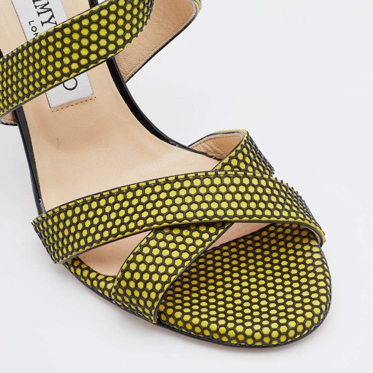 Pre Owned Jimmy Choo Acid Yellow/Black Suede Honey Comb Strappy Sandals Size 39.5