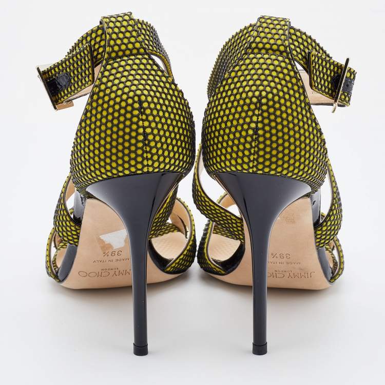 Pre Owned Jimmy Choo Acid Yellow/Black Suede Honey Comb Strappy Sandals Size 39.5