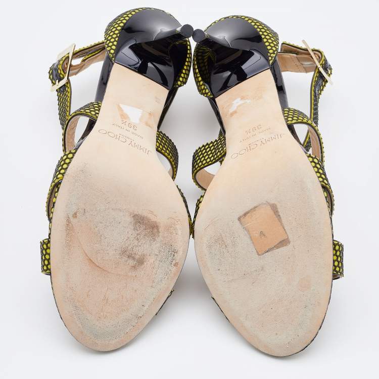 Pre Owned Jimmy Choo Acid Yellow/Black Suede Honey Comb Strappy Sandals Size 39.5