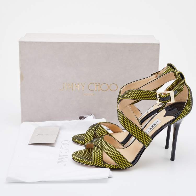 Pre Owned Jimmy Choo Acid Yellow/Black Suede Honey Comb Strappy Sandals Size 39.5