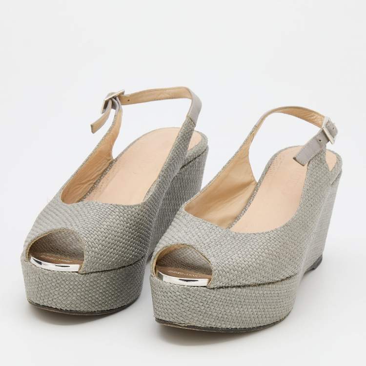 Pre Owned Jimmy Choo Grey Woven Raffia Prova Slingback Platform Wedge Sandals Size 39