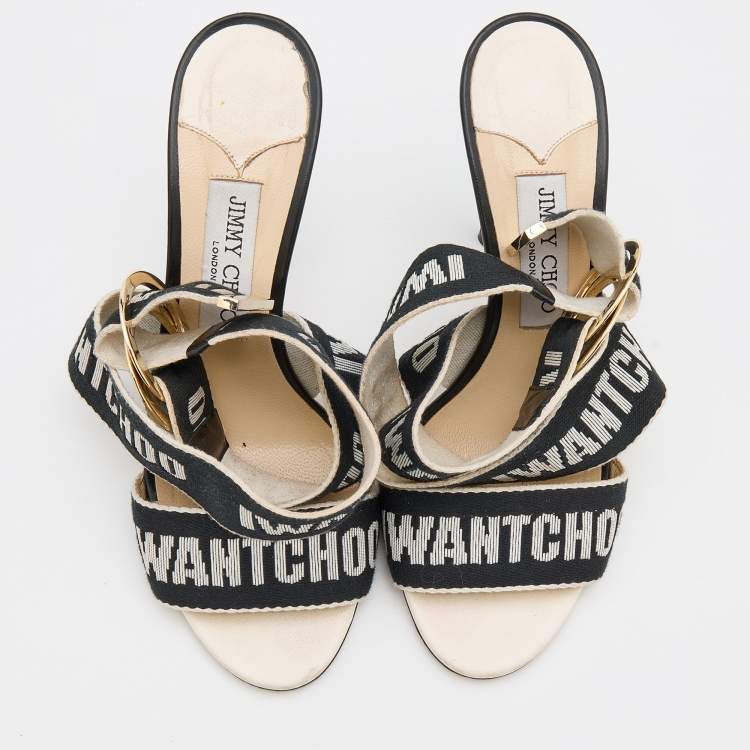 Pre Owned Jimmy Choo White/Black Web Bailey Logo Ankle Strap Sandals Size 38